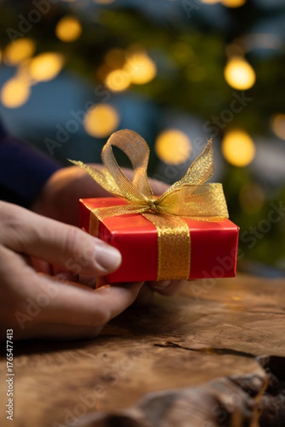 Obraz Man holding Christmas gift by tree