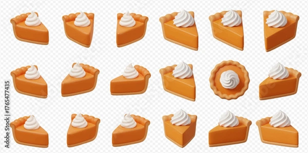 Obraz A collection of pumpkin pie slices, some with whipped cream, arranged on a transparent background.