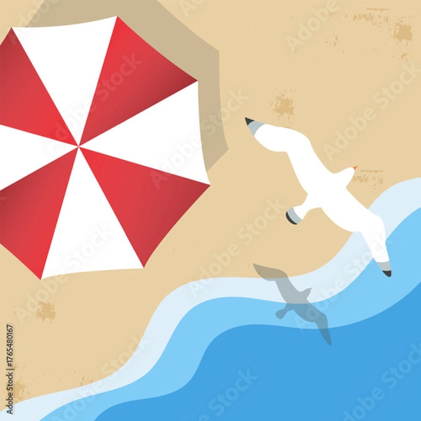 Obraz Beach umbrella on sandy shore with sea waves top view. Summer vacation vector illustration