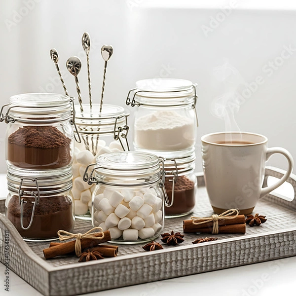 Obraz Cozy winter still life of hot cocoa ingredients on tray
