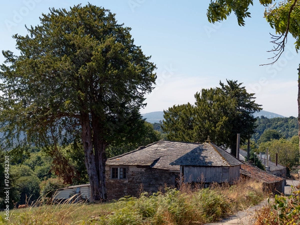 Fototapeta Stone houses in the mountains of A Fonsagrada, Lugo, Galicia, Spain. Traditional Galician mountain village with stone walls wooden details and black slate roofs on a sunny day in northern Spain.
