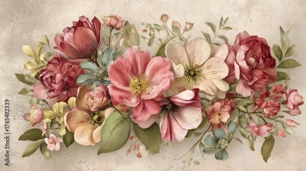 Fototapeta Beautiful bouquet of pink and cream open flowers with green leaves in soft pastel tones for floral arrangement or decoration