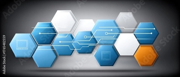 Fototapeta Modern abstract technology background with interconnected hexagons and digital circuits in blue, white, and orange tones for innovation