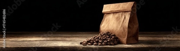 Fototapeta Dark coffee beans spilling from a brown paper bag on a rustic wooden surface with a dark background for beverage and coffee theme