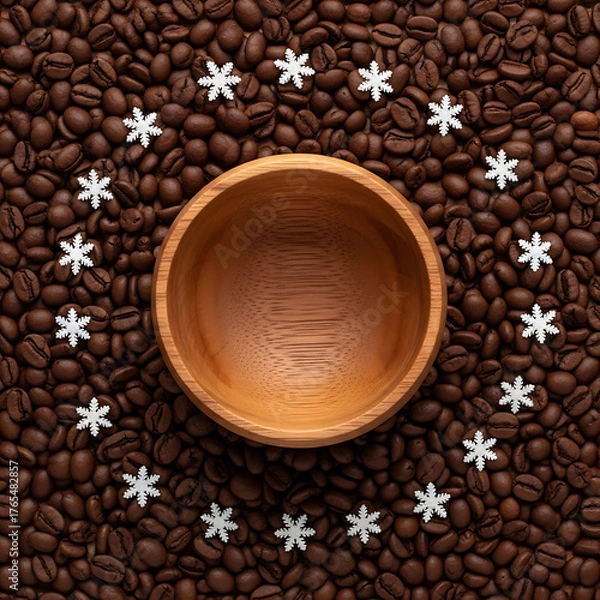 Fototapeta Coffee Beans Background with Wooden Bowl and Snowflake Decorations Christmas Theme