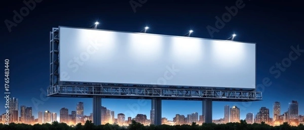 Fototapeta Large empty billboard illuminated at night with city skyline in the background for outdoor advertising and marketing campaigns