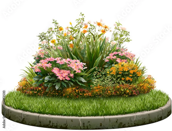 Fototapeta A vibrant flower bed isolated on transparent background, showcasing a variety of colorful flowers and lush green plants in full bloom