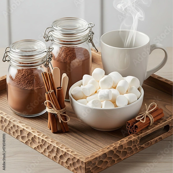 Obraz Hot Chocolate Ingredients on Wooden Tray Cozy Winter Drink Concept