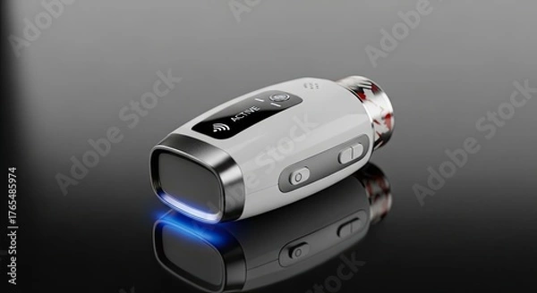 Fototapeta Sleek White and Silver Action Camera with Blue Light on Reflective Surface.