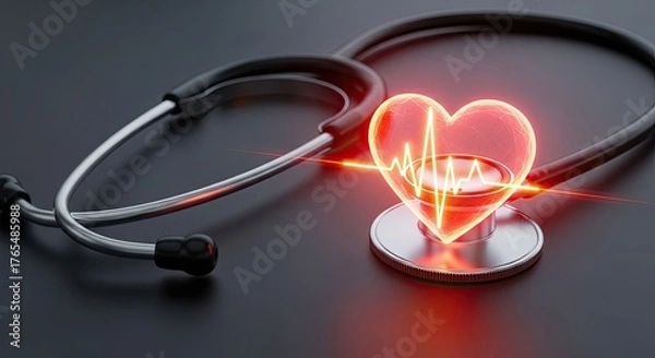 Fototapeta Stethoscope and glowing heart with pulse line on dark background, symbolizing healthcare and cardiology.