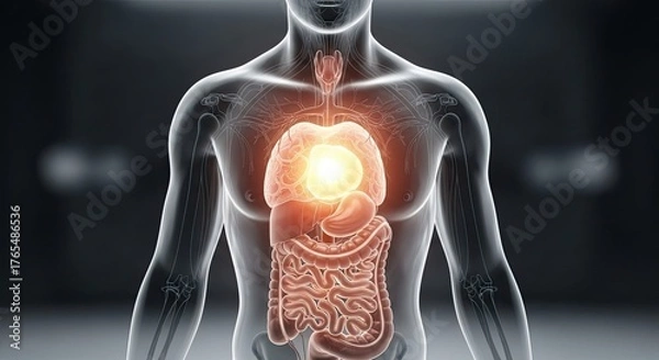 Fototapeta Anatomical illustration of the human digestive system and chest cavity with glowing organs.