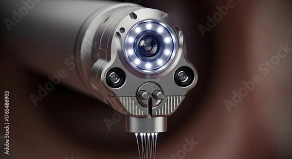 Fototapeta Close up of a modern industrial endoscope camera with bright LED illumination for inspection.