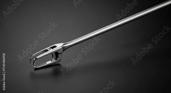 Fototapeta Close up of a surgical needle holder instrument on a dark background.