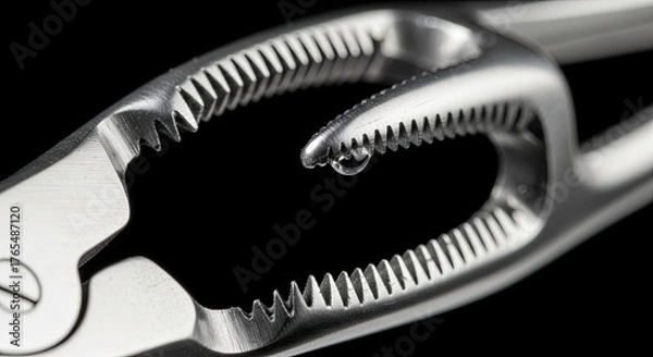 Fototapeta Close-up of a shiny metal nutcracker with a water droplet, against a dark background.