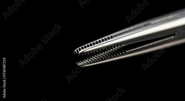Fototapeta Close-up of surgical instrument with serrated jaws against black background.