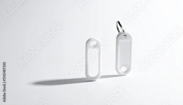 Obraz Two white, oblong keychains cast soft shadows on bright background