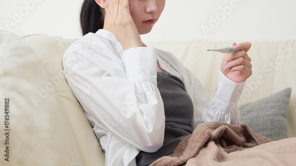 Obraz 体温計で熱を測るアジア人女性