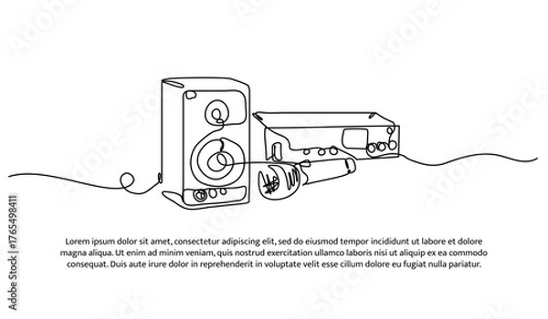 Obraz One line of karaoke set and mixer. Abstract minimal continuous line isolated on white background.