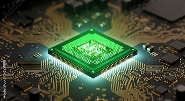 Fototapeta Closeup of a glowing green central processing unit cpu chip on a complex electronic circuit board, symbolizing advanced technology and digital innovation