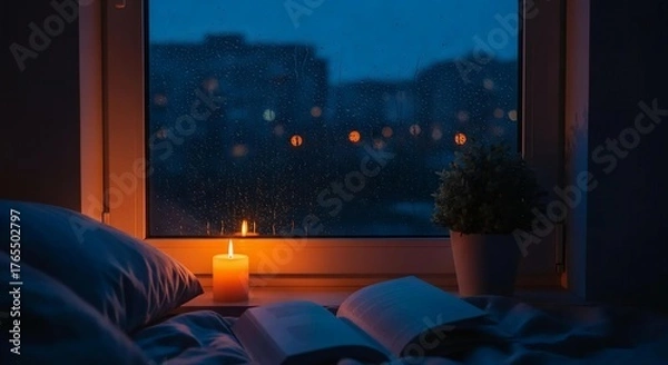 Fototapeta books and candles lit near the misty window.