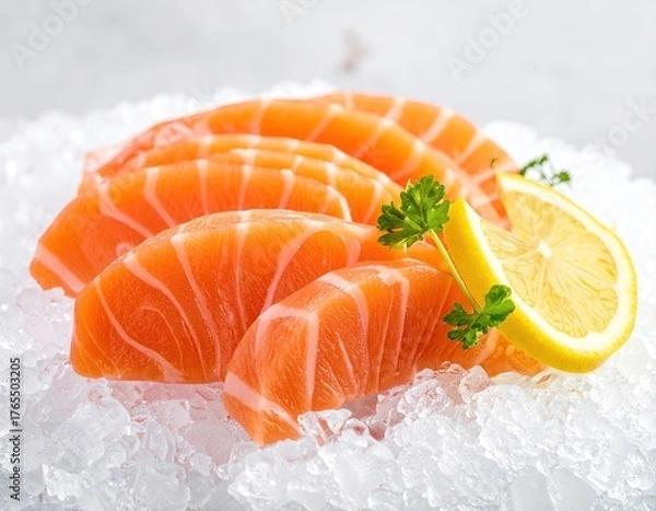 Fototapeta Fresh Salmon Sashimi on Ice with Lemon