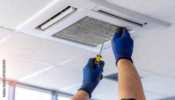 Obraz Close-up of technician hands fixing ceiling air conditioner using screwdriver. Concept of HVAC maintenance, repair service, and professional technical work in office environment.