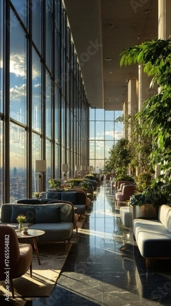 Fototapeta Vibrant photo of a sunlit modern lounge with lush vertical gardens and large windows