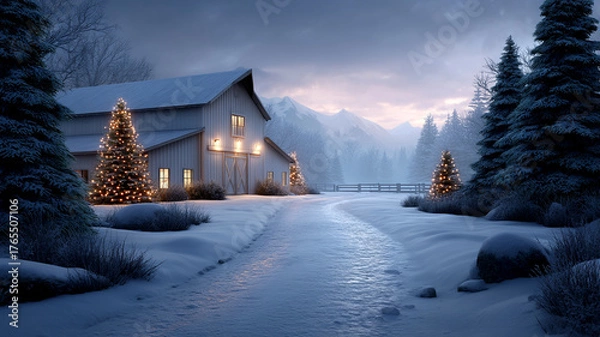 Fototapeta Snowy winter scene with Christmas lights on trees near cozy barn surrounded by snow covered pine trees and mountains