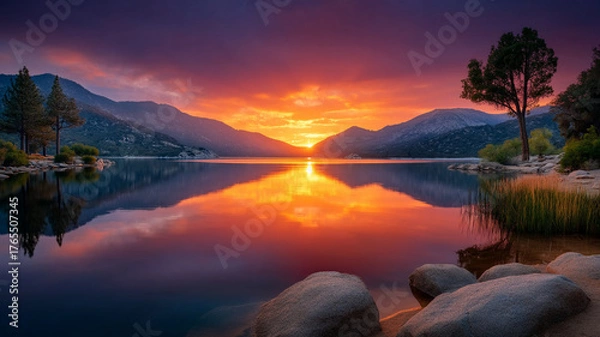 Fototapeta Sunset behind mountains with colorful sky reflecting on lake, calm water, peaceful nature scene with trees and rocks