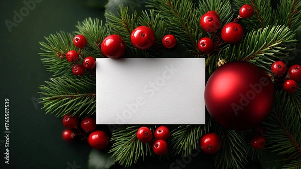Fototapeta Blank Christmas card with pine branches and red berries on dark background, festive holiday decoration with joyful atmosphere