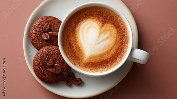 Fototapeta Cappuccino with heart shaped latte art and chocolate cookies topped with coffee beans on white plate, cozy warm background
