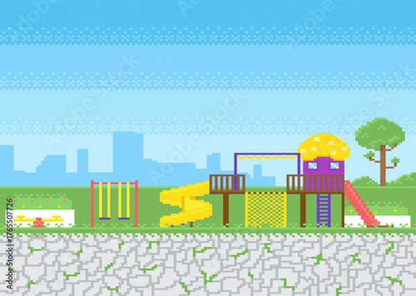 Obraz Playground with slide and swing, seesaw in pixel game on city background.