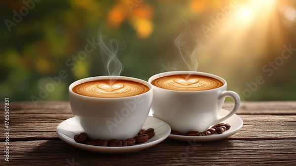 Fototapeta Two cups of coffee with latte art on wooden table with coffee beans and warm sunlight creating cozy morning atmosphere
