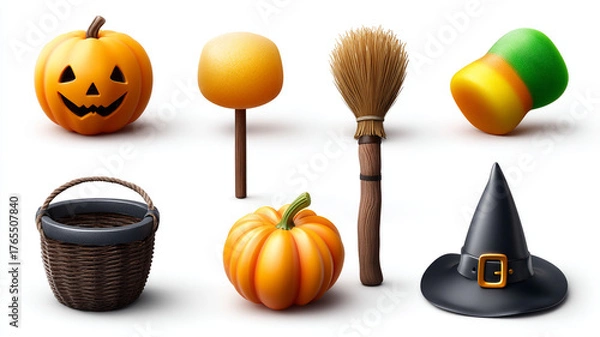 Obraz Halloween pumpkin broomstick witch hat candy basket and autumn decoration icons with festive spooky theme