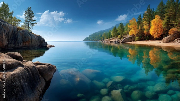 Fototapeta Lake with clear water and rocky shore reflecting autumn trees under blue sky with clouds, peaceful nature scene with vibrant colors