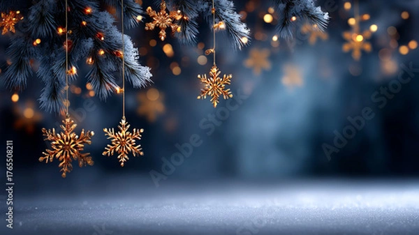 Fototapeta Golden snowflake ornament hanging from frosted pine branch with glowing lights and blurred winter background creating festive mood