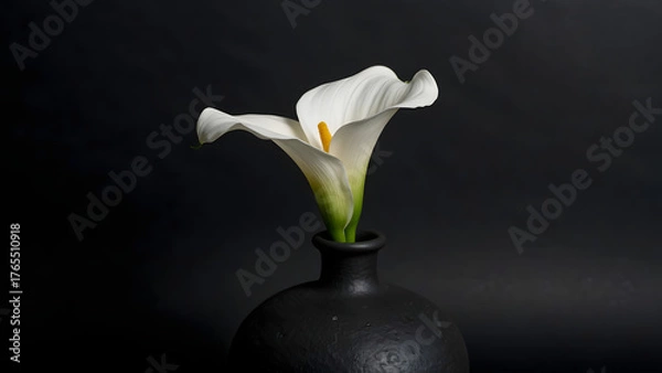 Obraz Elegant white calla lily in a dark ceramic vase against a black background