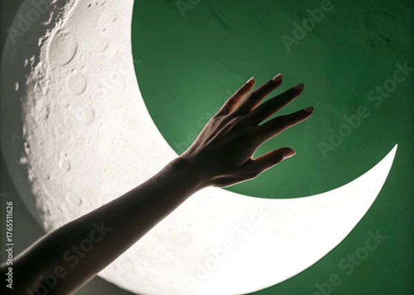 Obraz Hand Reaching Toward Crescent Moon with Pakistan Flag Background
