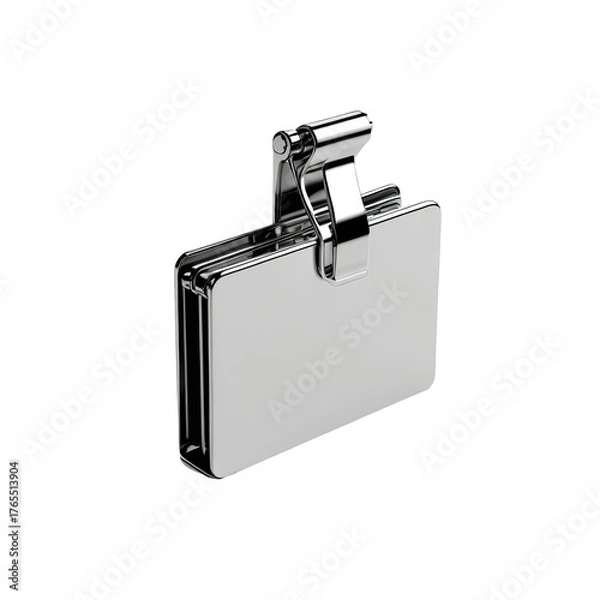 Fototapeta Metallic rectangular object with hinged clip, isolated on black