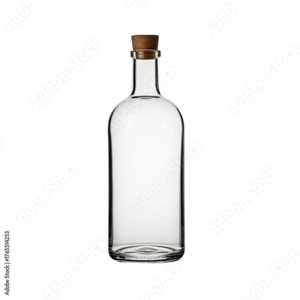 Fototapeta Clear glass bottle with cork stopper, standing on black background