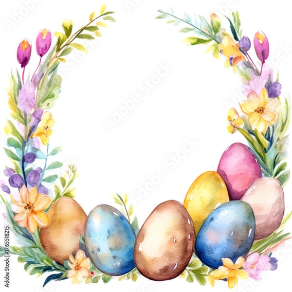 Fototapeta Watercolor illustration of colorful eggs and pretty flowers as a border with a white frame for text, isolated on a white background. Ideal wreath for Easter-themed creations or egg hunt invitations.