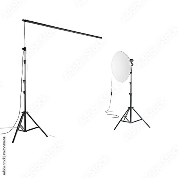 Fototapeta Studio lighting setup featuring a tall light stand and a smaller reflector