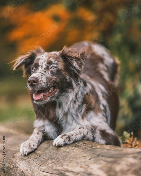 Fototapeta Dynamic and joyful shot of a blue merle dog running or playing, with a happy, open-mouthed expression and warm, blurred autumn background.