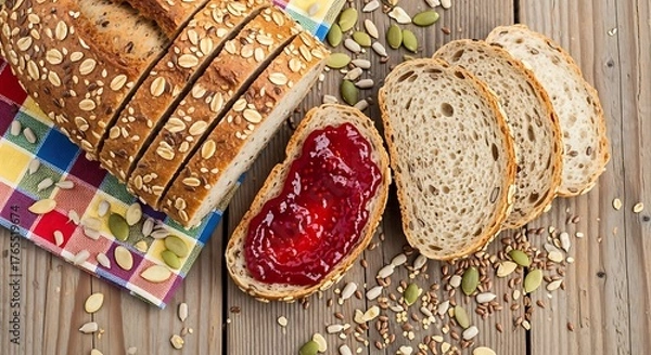 Obraz Overhead view of a sliced whole grain bread loaf with oats and seeds, one slice spread with vibrant red jam, scattered seeds and a colorful napkin on a rustic wooden table