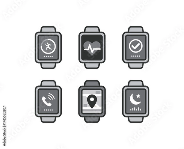 Obraz いろいろなアプリが表示されたスマートウォッチのアイコンイラスト