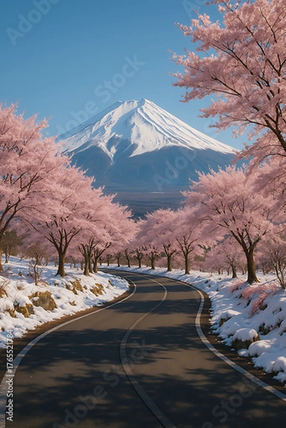Obraz Mount Fuji Japan View, Sakura Cherry Blossoms, Winding Road, Spring Snow Landscape