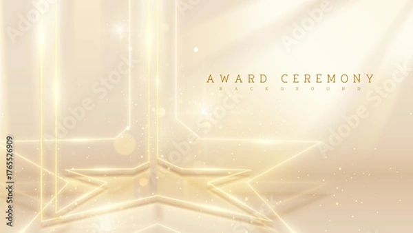 Fototapeta Award Ceremony Stage With Gold Neon Star Frame Decoration And Glitter Light With Bokeh Effect. Luxury Background Design Concept.
