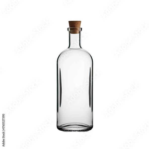 Fototapeta Clear glass bottle with cork, centered, against a pure black background