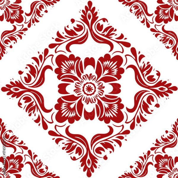 Obraz Elegant Red Floral Ornament Pattern on White Background