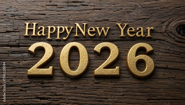 Obraz Golden Happy New Year 2026 text on rustic wood background image